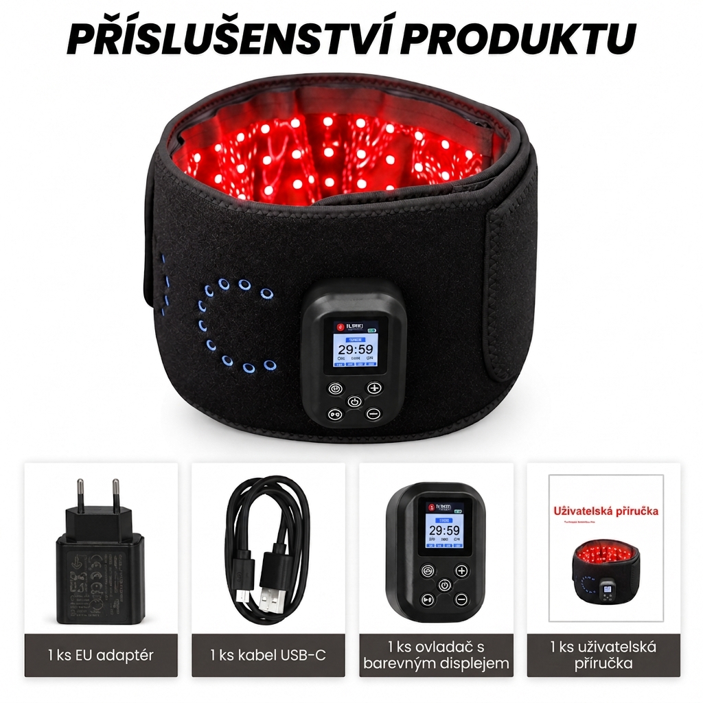 Obsah balení ILWYRED BackTherapy s LED pásem, ovladačem, USB-C kabelem, EU adaptérem a návodem