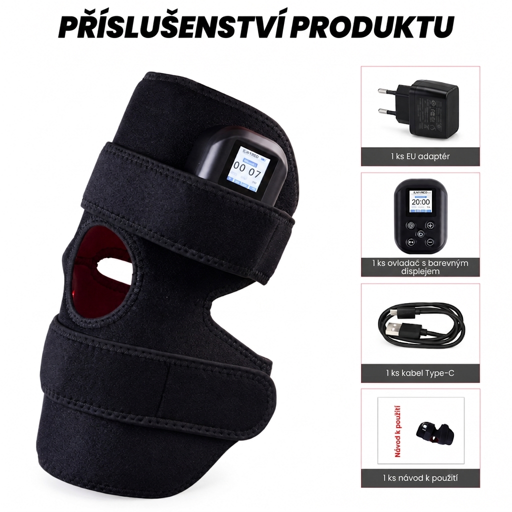 Obsah balení ILWYRED KneeTherapy s LED ortézou, ovladačem, USB-C kabelem, EU adaptérem a českým návodem