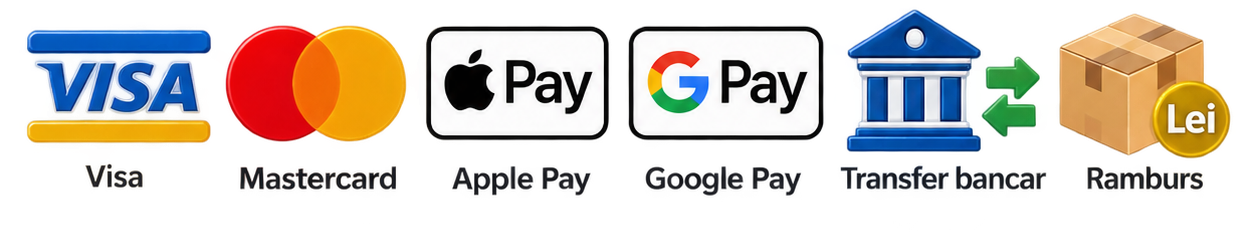 Plată cu card Visa și Mastercard, Apple Pay, Google Pay, transfer bancar sau ramburs