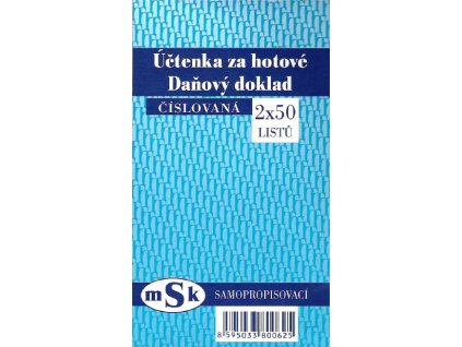 Účtenka za hotové,2 x 50 listů, číslovaná,Samopropis  Katalogové číslo: 110037       EAN: 8595033800625