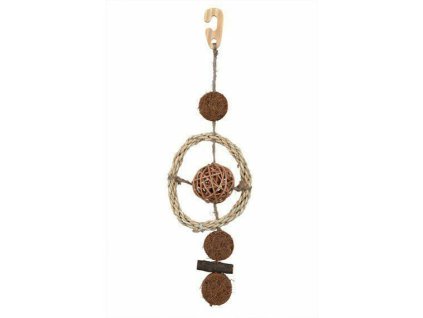 Závěsná hračka kokos.a proutěné kuličky na sisal.vlákně 35cm
