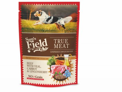 Sam's Field  šťavnaté masové kapsičky hovězí s telecím, mrkví a brusinkami pro psy 260 g