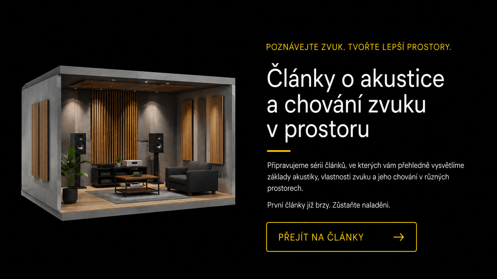 Banner rubriky Svět zvuku – akusticky upravená místnost s reproduktory, dřevěnými difuzéry a pohodlným sezením.