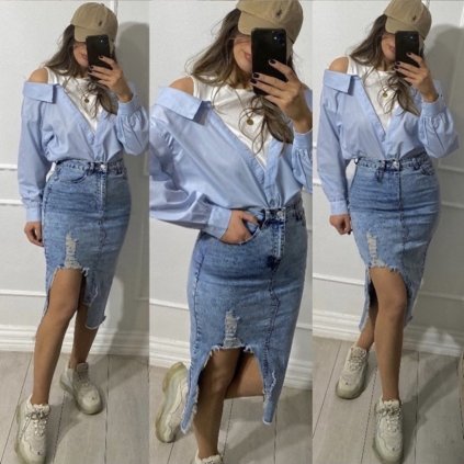 rosy days chemise bi matiere a epaules denudees sky blue 1