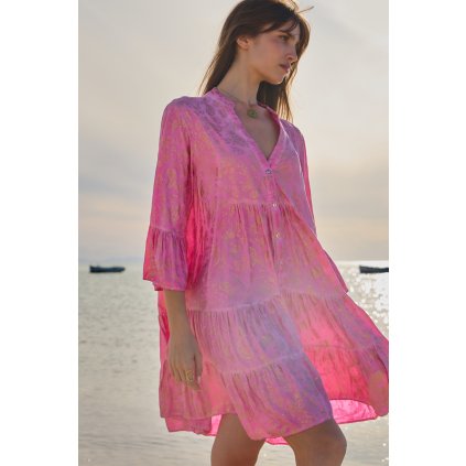 last queen robe tunique coupe evasee a imprime avec effet dorure boutonee devant1 fuchsia 1