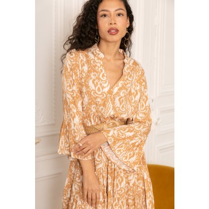 last queen robe imprimee mi longue boutonnee devant avec fronces coupe evasee1 apricot 1