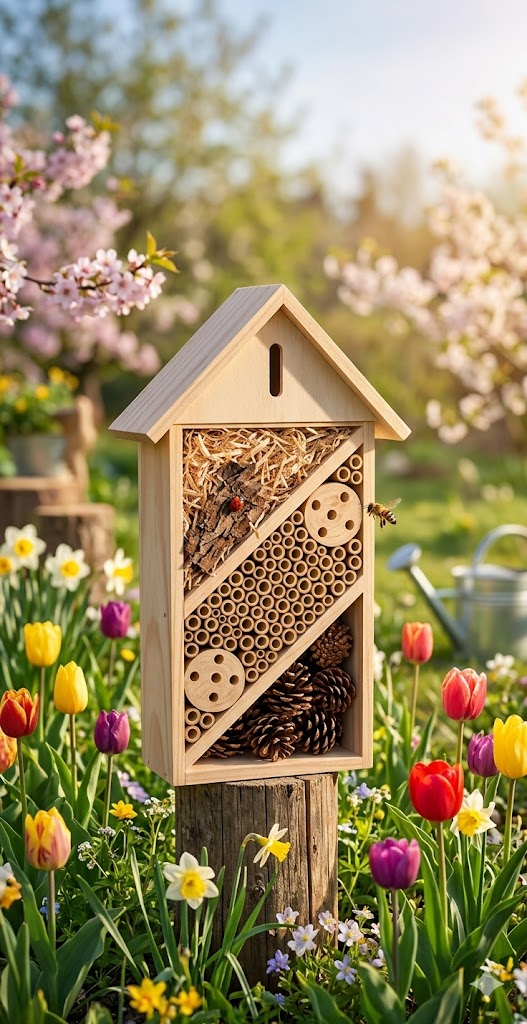 Dřevěný hmyzí hotel iMikor v jarní rozkvetlé zahradě – podpora biodiverzity.