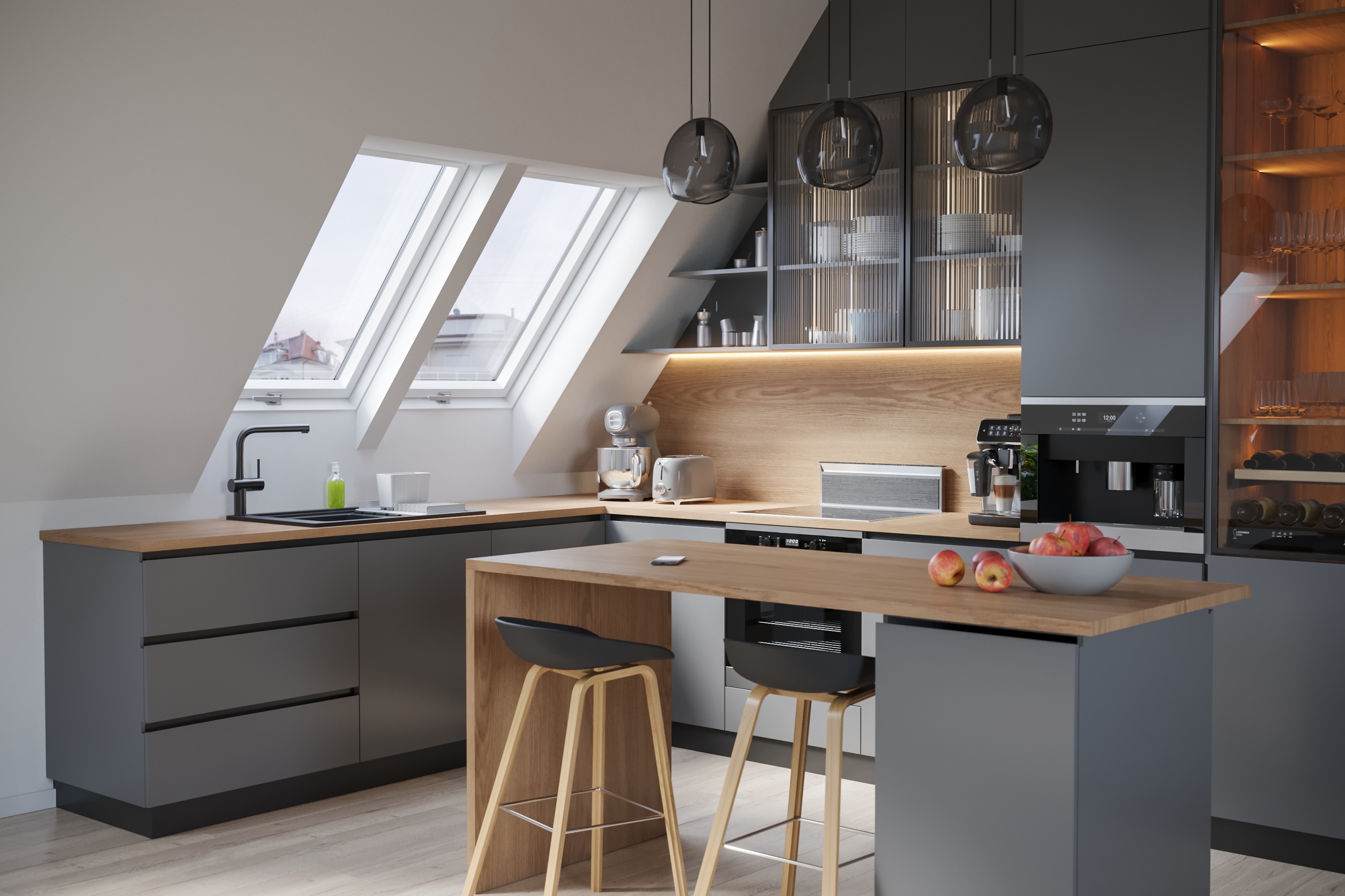 Plastové střešní okno Rooflite s trojsklem v kuchyni