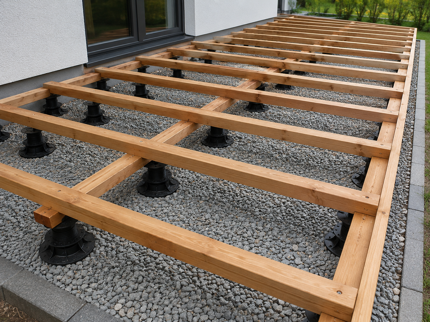 Podkladový rošt terasy z modřínových hranolů 45 × 70 mm na rektifikačních terčích