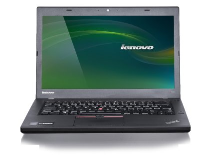 Repasovaný Lenovo ThinkPad T450 – otevřený notebook s matným displejem, firemní klávesnicí s trackpointem a touchpadem, focený z čelního pohledu na bílém pozadí