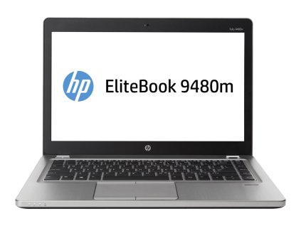 HP EliteBook Folio 9480m – tenký 14'' repasovaný ultrabook s hliníkovým tělem, chiclet klávesnicí a logem modelu zobrazeným na displeji.
