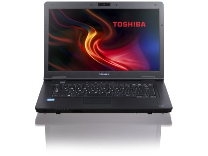 Notebook Toshiba B552 zepředu – matný displej, plnohodnotná klávesnice, touchpad a integrovaná webkamera ve víku