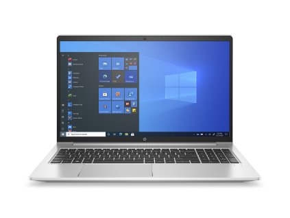 HP ProBook 450 G8 – 15,6'' repasovaný notebook ve stavu A-, s tenkým stříbrným designem, numerickou klávesnicí a operačním systémem Windows 10 na obrazovce. 