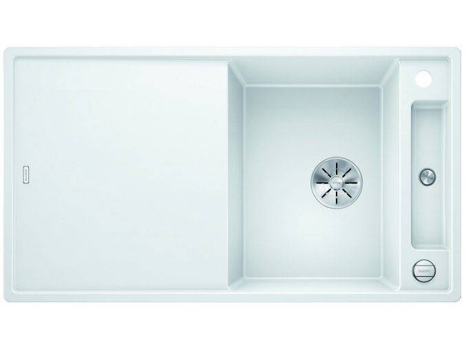 Granitový dřez Blanco AXIA III 5 S InFino bílá + skleněná krájecí deska a excentr 523219  + Sanitární silikon + Designové masivní dřevěné krájecí prkénko z akácie