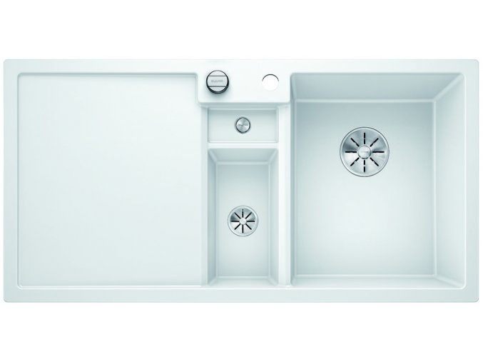 Granitový dřez Blanco COLLECTIS 6 S InFino bílá dřez vpravo + miska s víkem antracit a excentr 523348  + Sanitární silikon + Designové masivní dřevěné krájecí prkénko z akácie