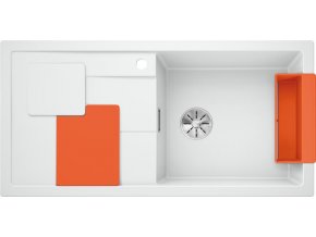 Granitový dřez Blanco SITY XL 6 S InFino bílá dřez vpravo + krájecí deska a závěsná miska oranžová 525059  + Sanitární silikon + Designové masivní dřevěné krájecí prkénko z akácie