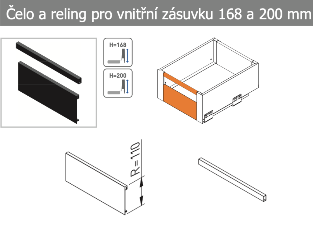 In-Design Čelo pro vnitřní zásuvku AXIS PRO antracit 1200 mm ke zkrácení Výška zásuvky [mm]: 120