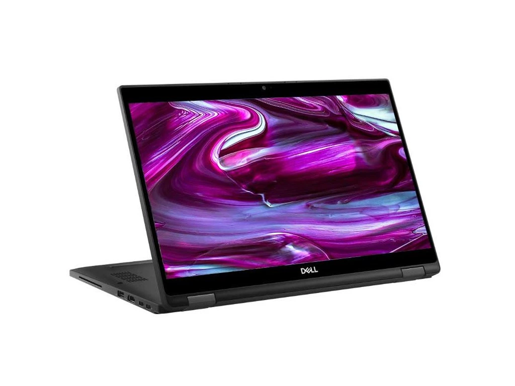 Otočný notebook Dell s barevnou tapetou.
