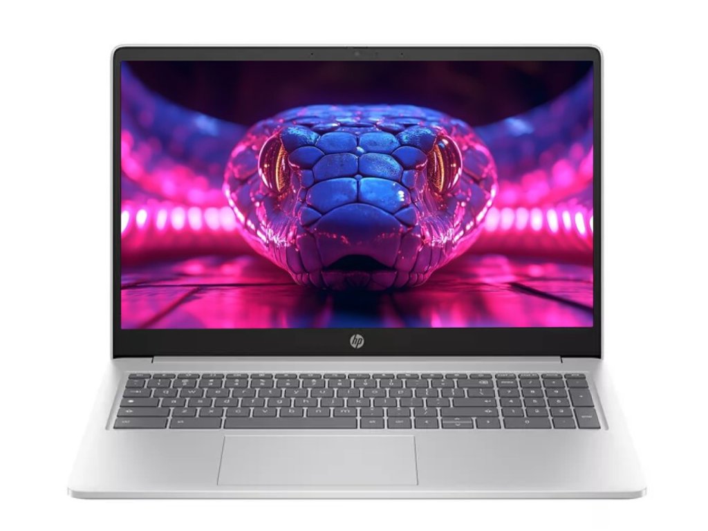 HP notebook z fialovo modro růžovou tapetou hada.