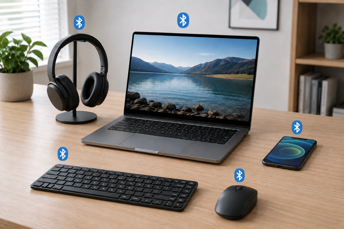 Bezdrátová zařízení s ikonkami Bluetooth.