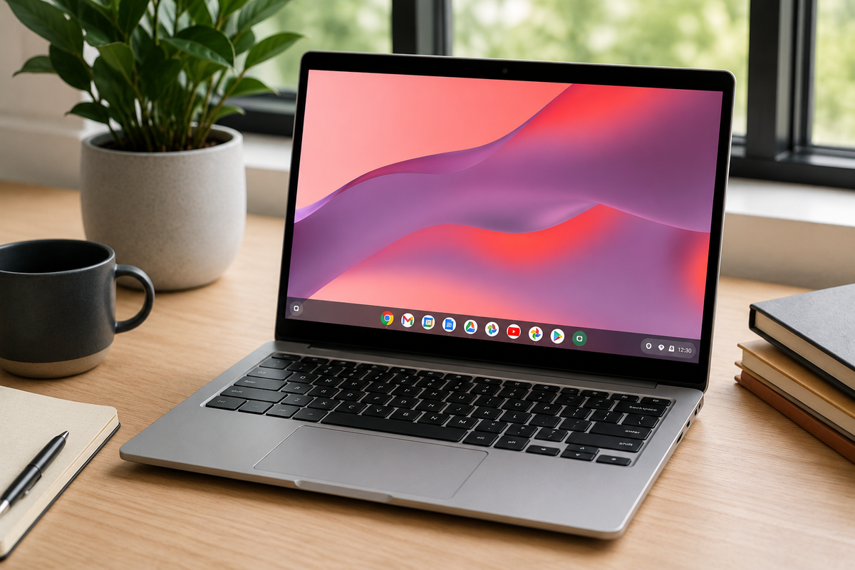 Moderní Chromebook na čistém pracovním stole, na displeji jednoduché prostředí inspirované ChromeOS s barevnou tapetou a ikonami aplikací.