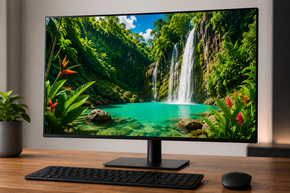 Moderní LCD monitor na čistém pracovním stole, na displeji detailní barevná přírodní fotografie, vedle klávesnice a myš, světlé pracovní prostředí, realistický styl bez textu.