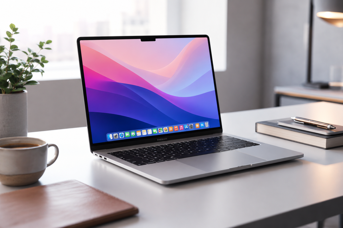 Moderní notebook ve stylu MacBooku na čistém pracovním stole, na displeji jednoduché rozhraní inspirované macOS s dockem ikon a barevnou abstraktní tapetou.
