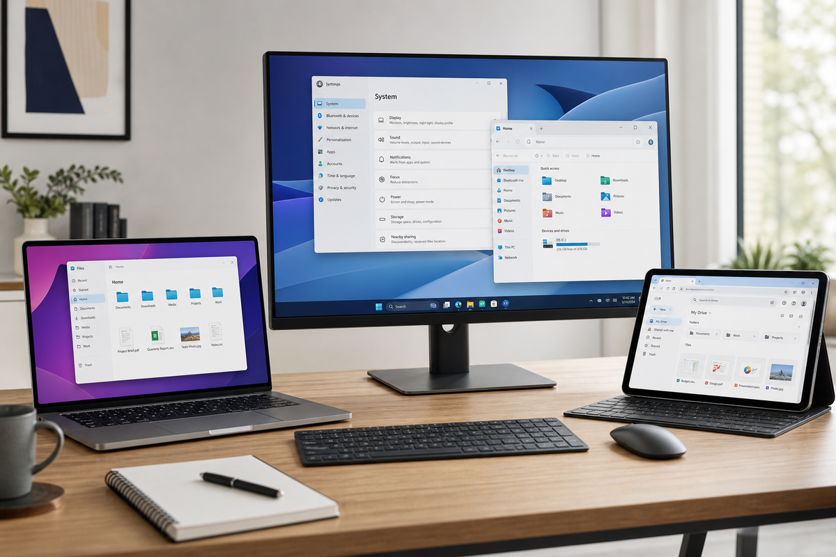 Ukázka operačních systémů Windows, macOS a ChromeOS na třech zařízení.