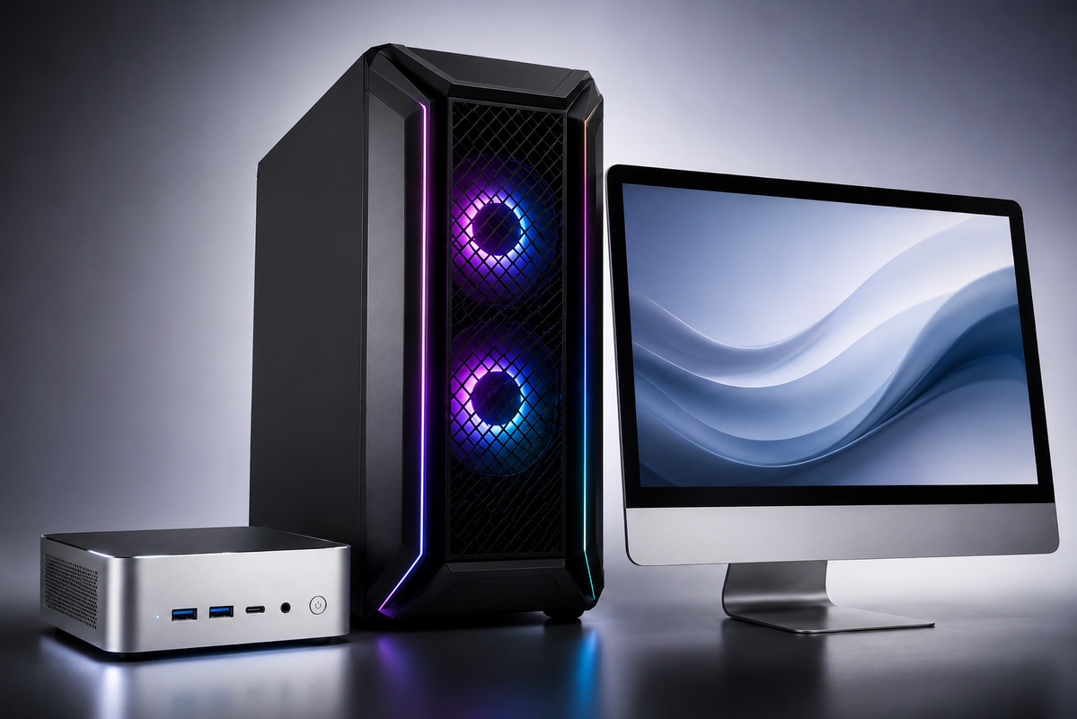 Tři typy počítače - All in one, mini PC a herní s RGB podsvícením.