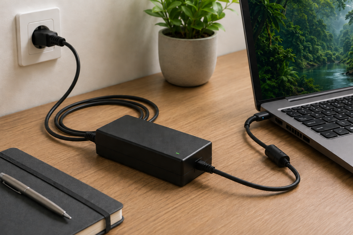 Napájecí adaptér k notebooku na čistém pracovním stole, kabel připojený k notebooku, moderní kancelářské prostředí.