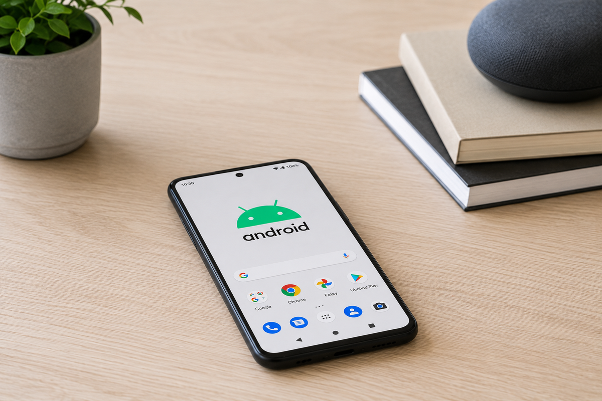 Moderní telefon s Androidem na čistém pracovním stole, na displeji barevná domovská obrazovka s jednoduchými ikonami aplikací.