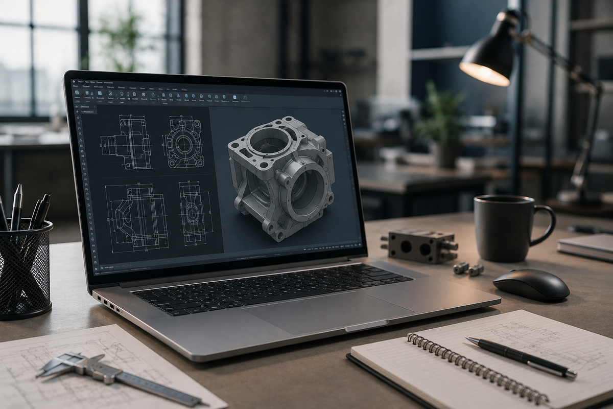 Moderní pracovní stanice nebo notebook v kancelářském prostředí, na monitoru technický 3D model nebo konstrukční výkres bez textu, vedle klávesnice, myš a poznámkový blok.