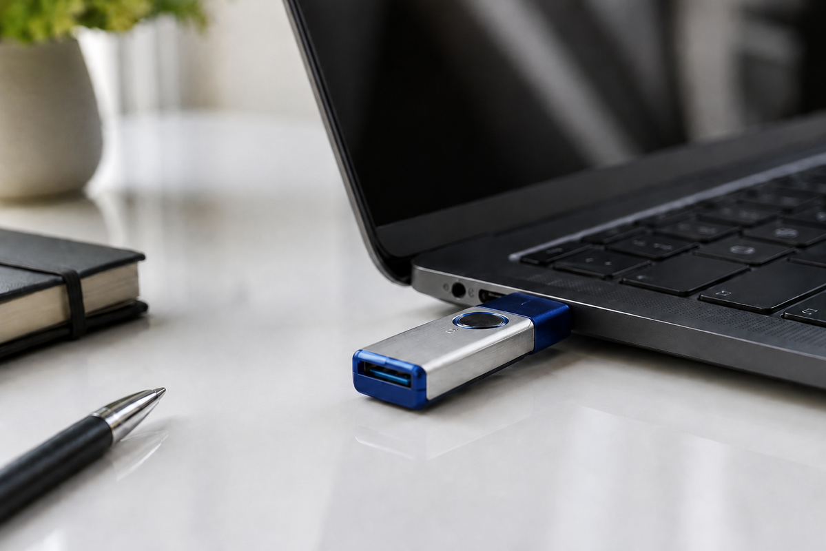 Detail USB flash disku na čistém pracovním stole vedle notebooku, flash disk je zasunutý do USB portu.