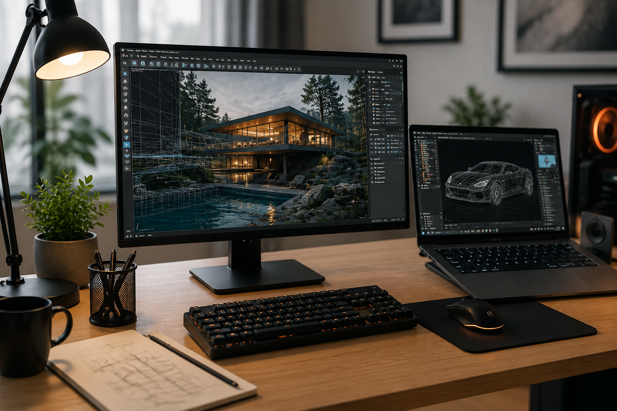 Moderní pracovní stůl s počítačem nebo notebookem, na monitoru detailní 3D grafika nebo vizuální návrh, vedle klávesnice a myš, profesionální pracovní prostředí.
