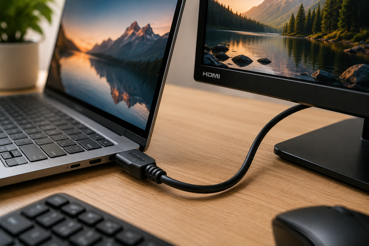 Detail HDMI kabelu zapojeného do moderního monitoru a notebooku na čistém pracovním stole.