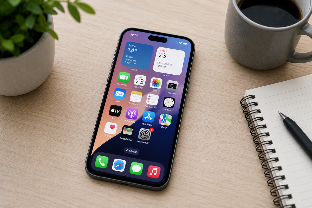 Moderní iPhone ležící na čistém pracovním stole, na displeji jednoduchá domovská obrazovka ve stylu iOS, vedle hrnek a poznámkový blok.