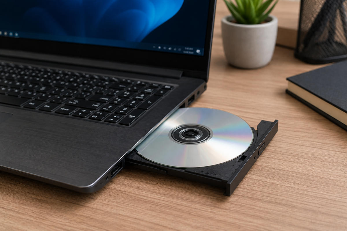 Detail notebooku nebo stolního počítače s vysunutou optickou mechanikou a DVD diskem vedle zařízení.