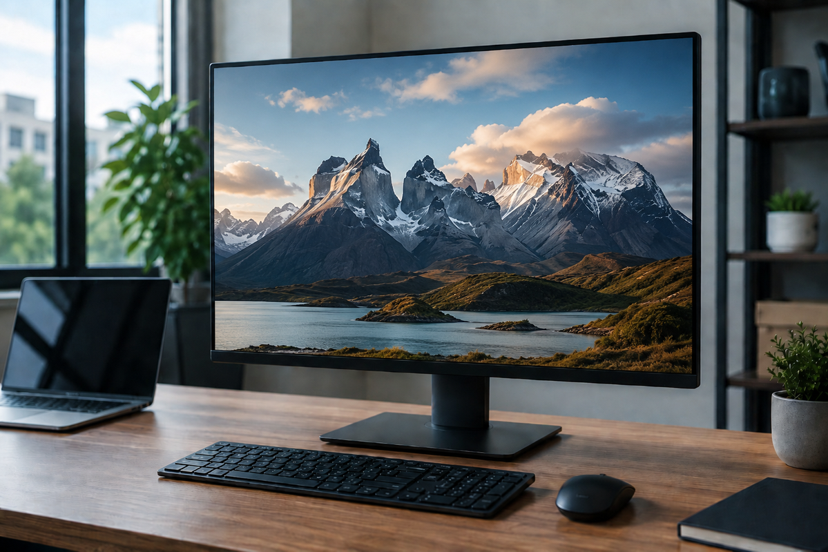 Monitor s tapetou zasněžených hor.