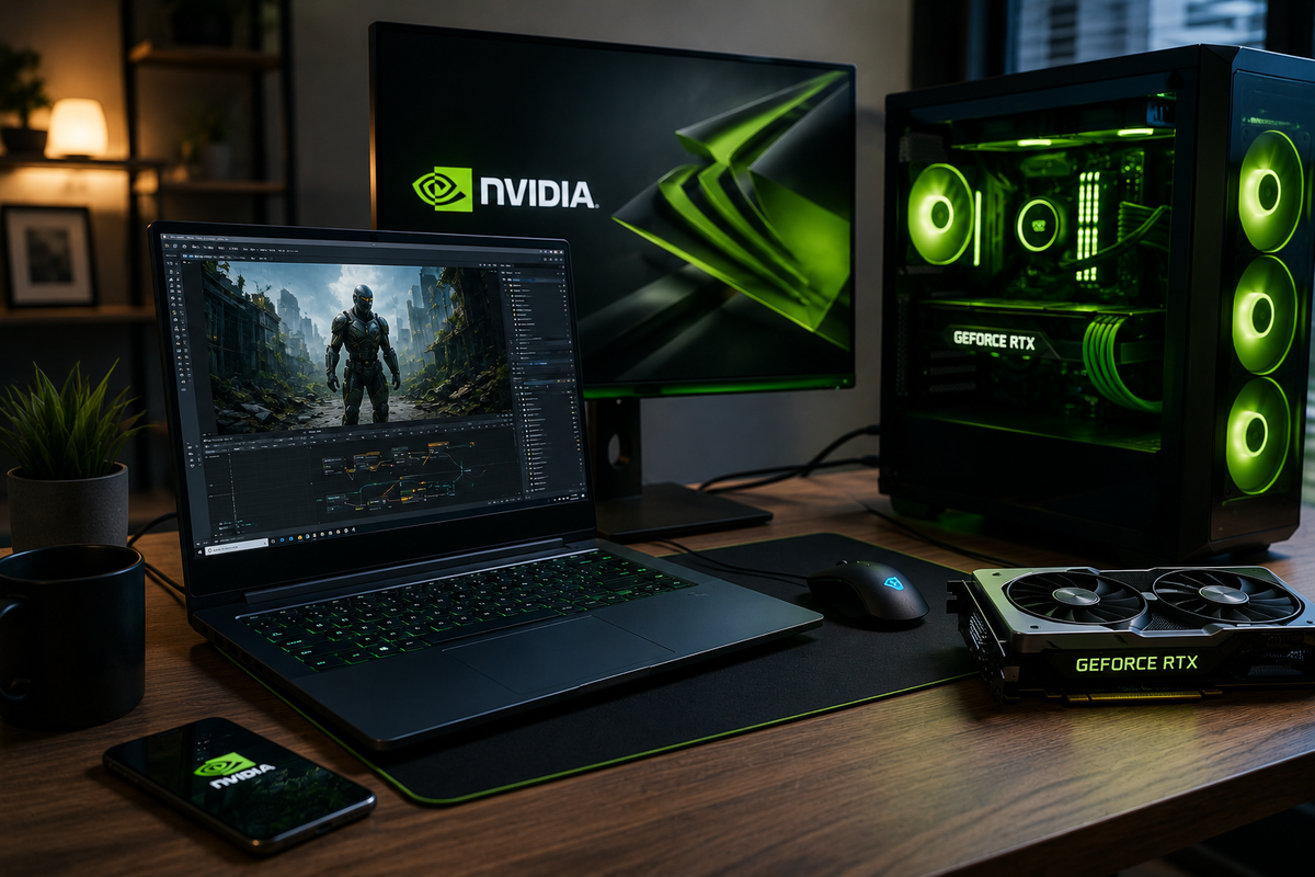 Výkonná herní a pracovní sestava s grafikou NVIDIA, notebookem, monitorem a RGB podsvíceným počítačem.
