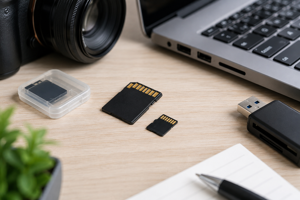 Detail microSD paměťové karty a větší SD karty na čistém pracovním stole vedle notebooku nebo fotoaparátu.