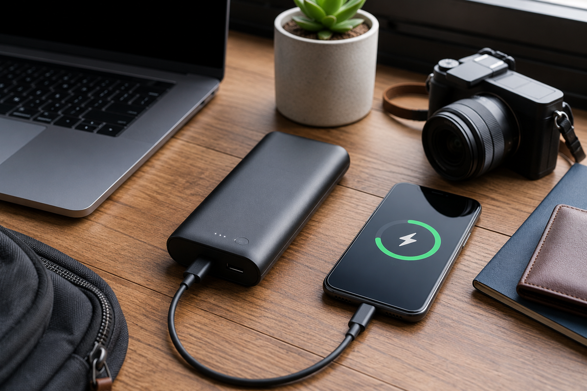 Moderní powerbanka na čistém pracovním stole, připojená k telefonu přes USB-C kabel, vedle notebook a drobné cestovní doplňky.