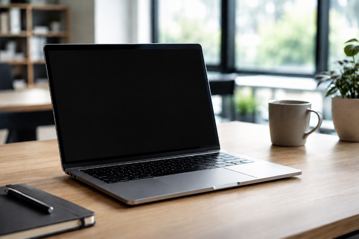 Předváděcí notebook v čistém pracovním prostředí.