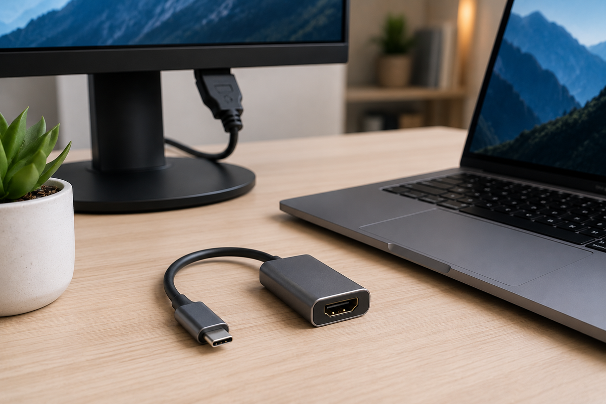 Detail malé redukce USB-C na HDMI na čistém pracovním stole, vedle moderní notebook a kabel k monitoru, decentní kancelářské prostředí, realistický styl bez textu.
