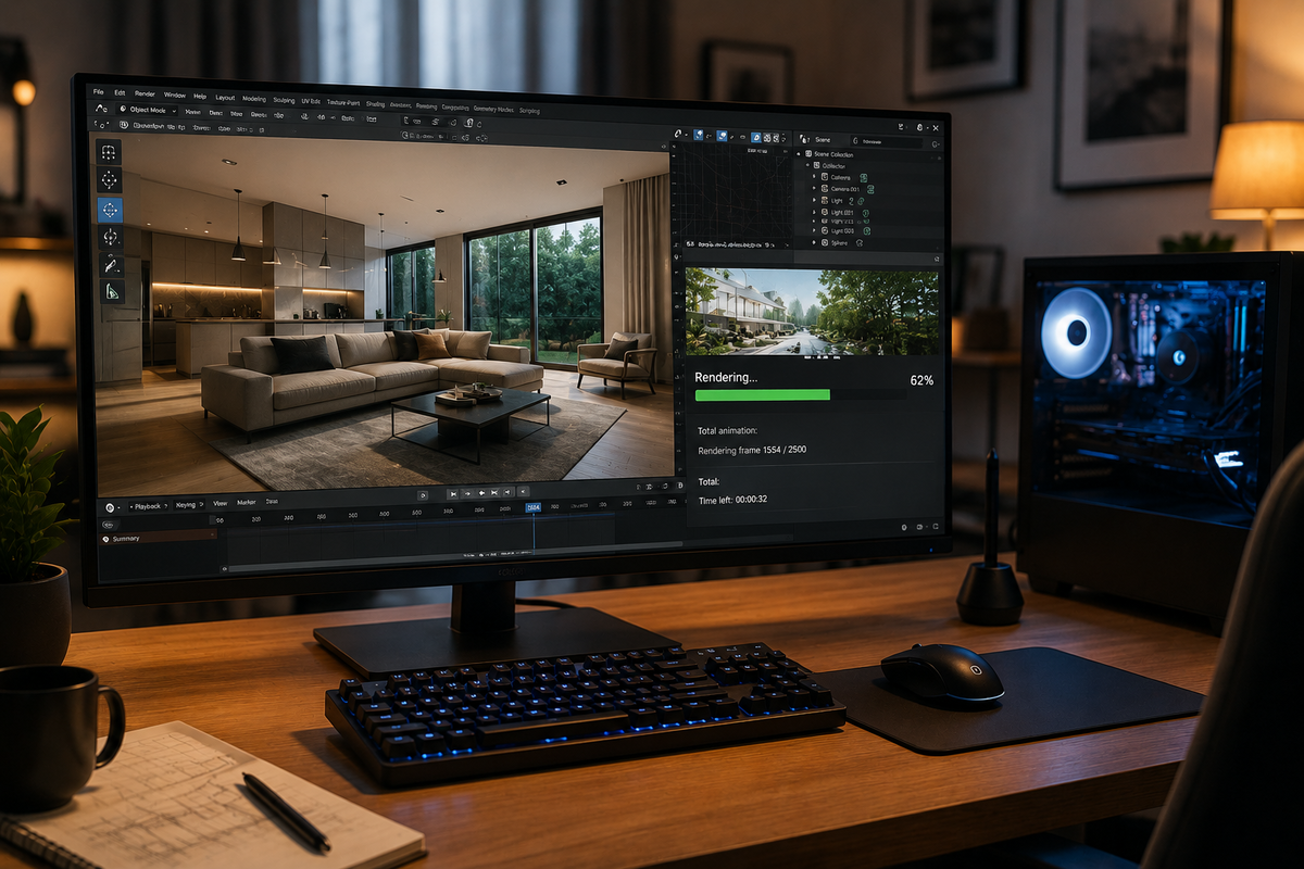 Moderní pracovní stanice nebo výkonný notebook v profesionálním kreativním prostředí, na monitoru realistická 3D vizualizace interiéru v procesu renderování, vedle klávesnice, myš a poznámkový blok.