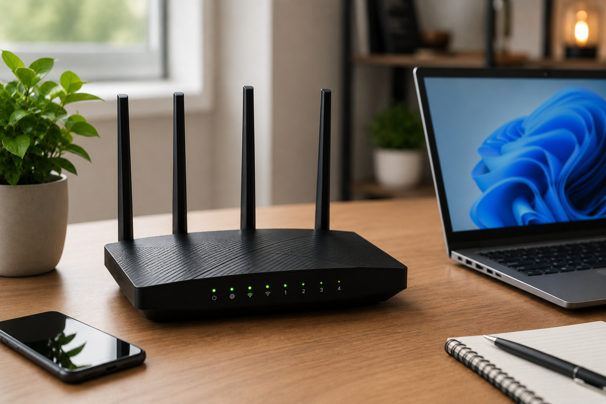 Moderní Wi-Fi router na pracovním stole v domácí kanceláři, vedle notebook a telefon, jemně viditelné kontrolky routeru, čisté prostředí bez textu, realistický styl.