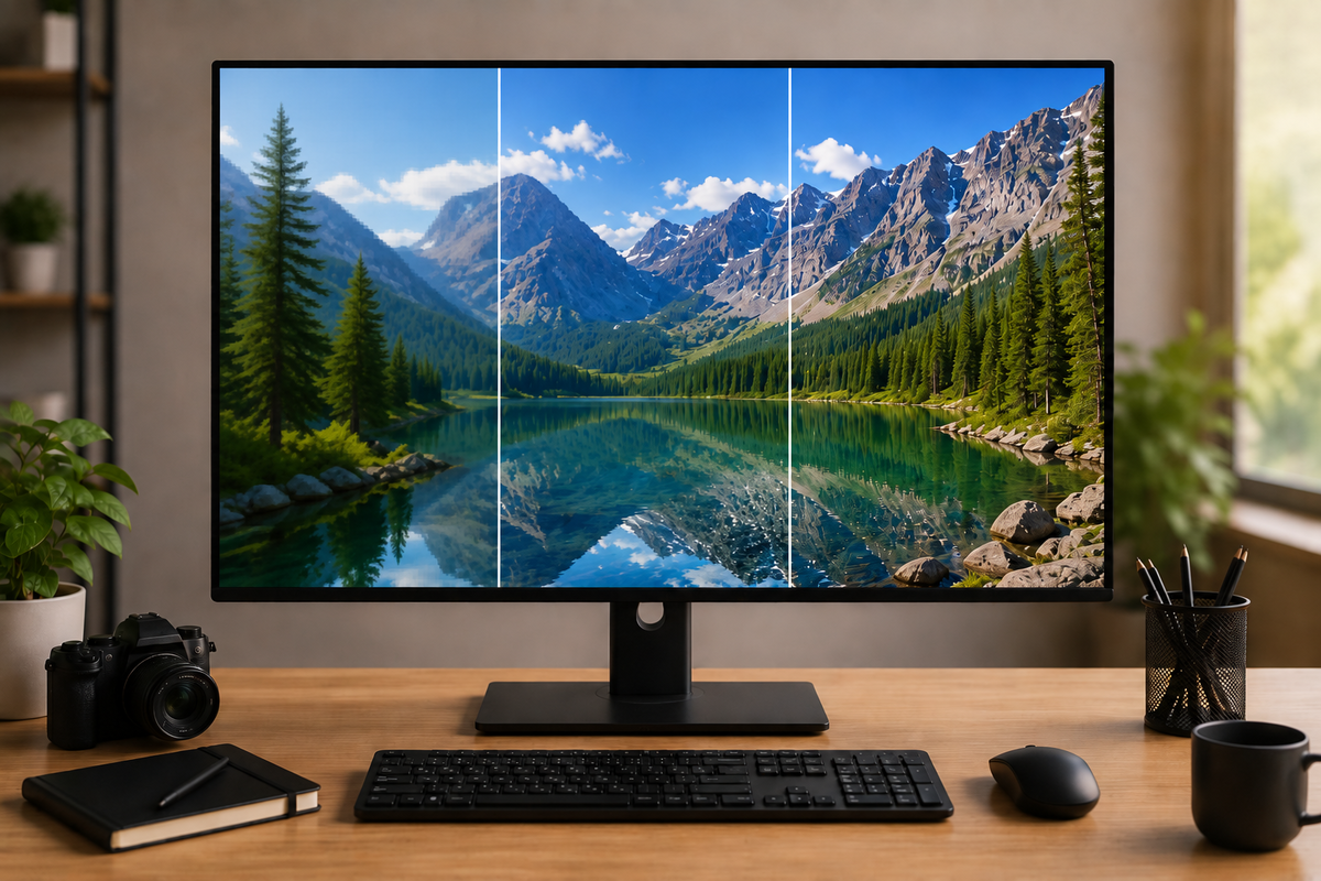 Monitor srovnávající Full HD, QHD a 4K rozlišení displeje.