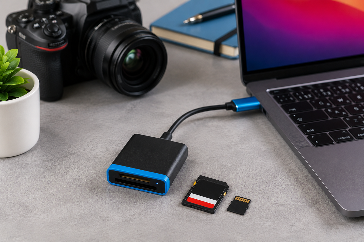 Detail SD čtečky na čistém pracovním stole, vedle SD a microSD karta, notebook s USB-C portem a fotoaparát v pozadí.