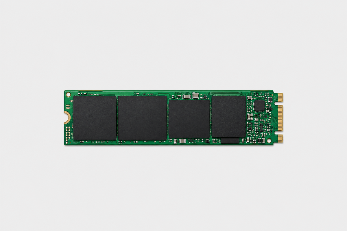 Zelený SSD disk na bílém pozadí.