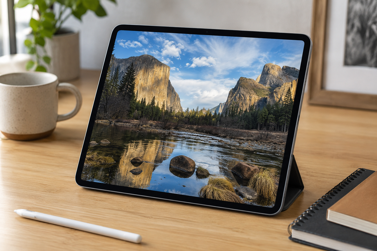 Moderní tablet na čistém pracovním stole, vedle stylus, poznámkový blok a šálek kávy, tapeta s přírodou.