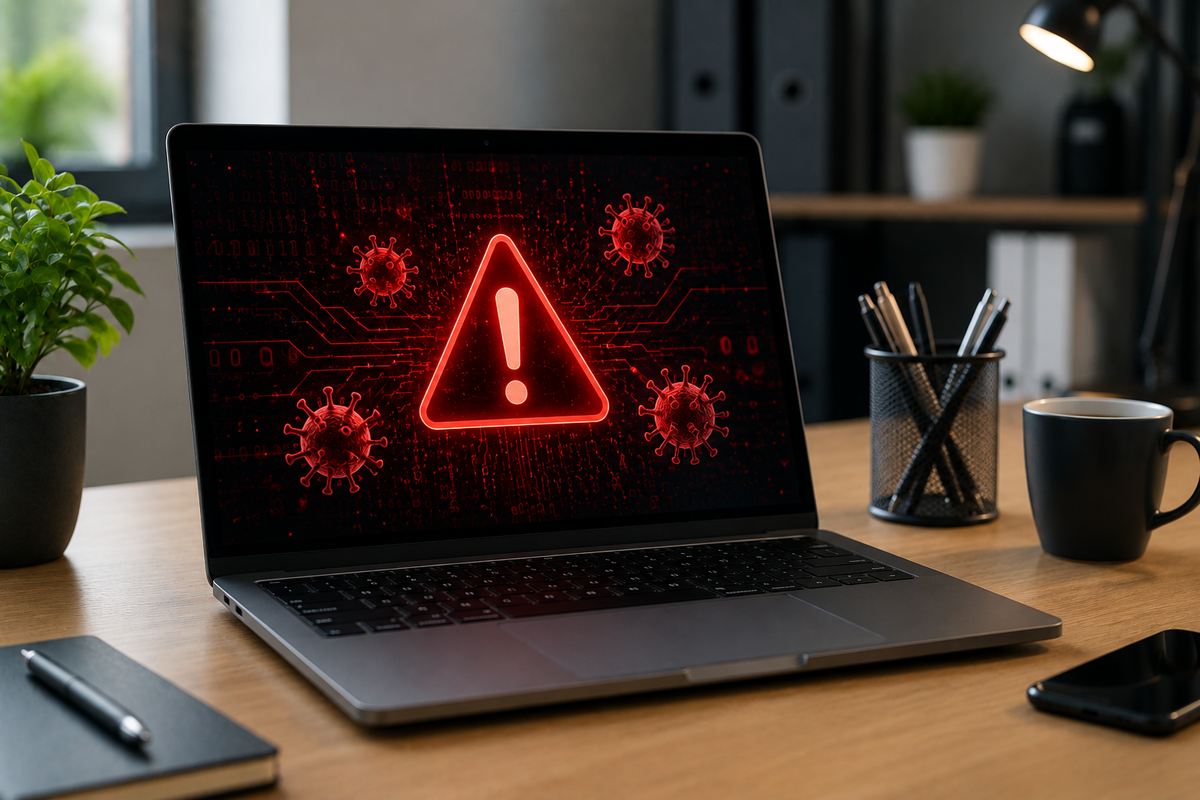 Notebook s červeným bezpečnostním varováním na displeji jako symbol počítačového viru.